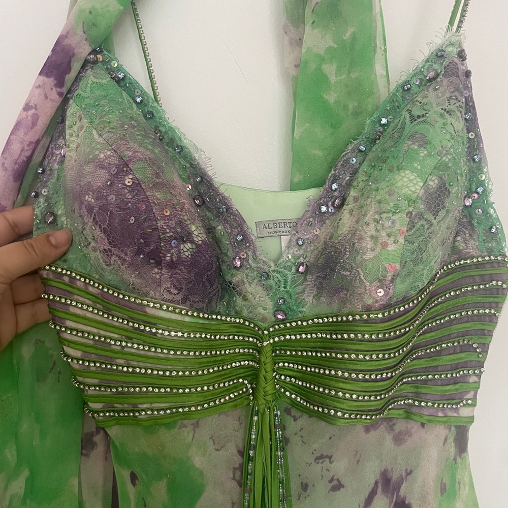 Alberto Makali Green and Purple Beaded Dress
